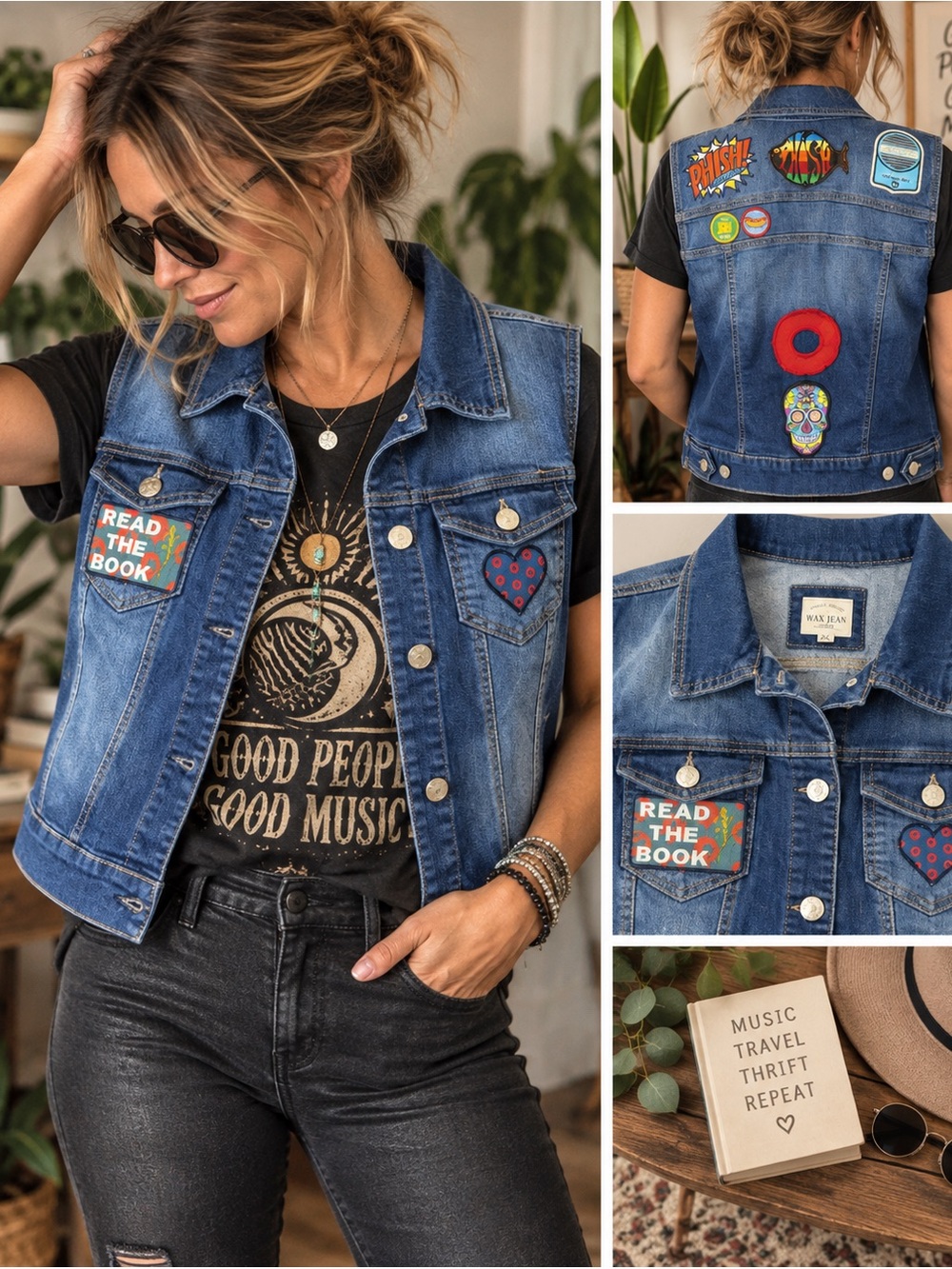 Wax Jean 2XL Upcycled Denim Vest Phish Patches Festival Boho Art to Wear
